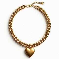 Obraz premium Golden necklace with heart-shaped pendant on white background. Gold chain isolated. Luxury jewelry, fashion accessory. Symbol of love, gift for woman. Shiny jewellery for Valentine Day.
