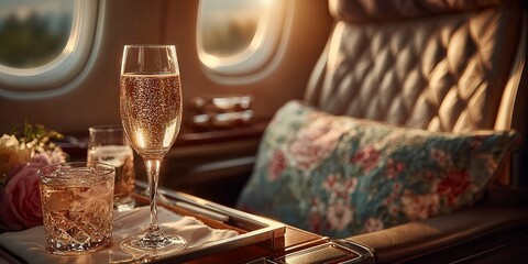 Luxury first class airplane seat with champagne and whiskey served on a tray during golden hour flight
