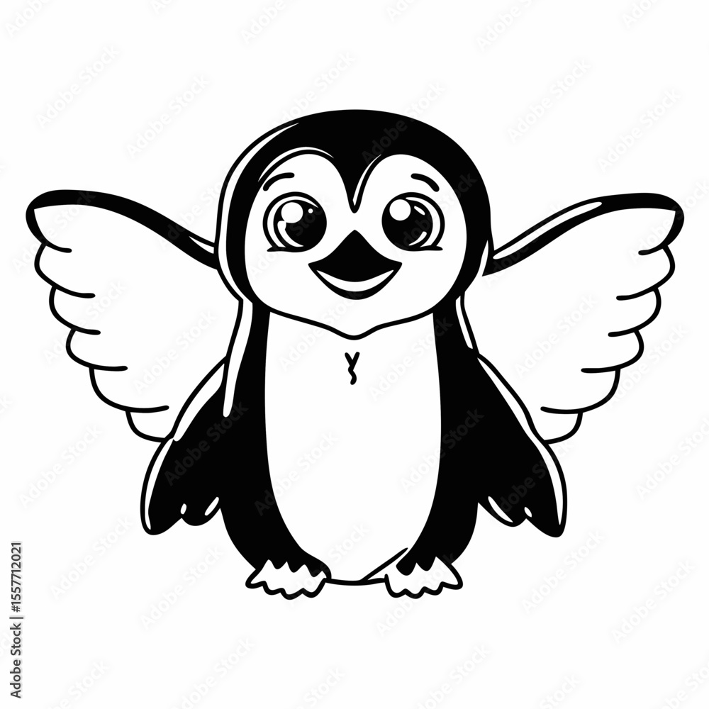 Fototapete vector illustration of cute cartoon penguin spreading its wings on white background.black and white 