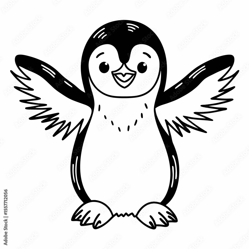 Fototapete vector illustration of cute cartoon penguin spreading its wings on white background.black and white 