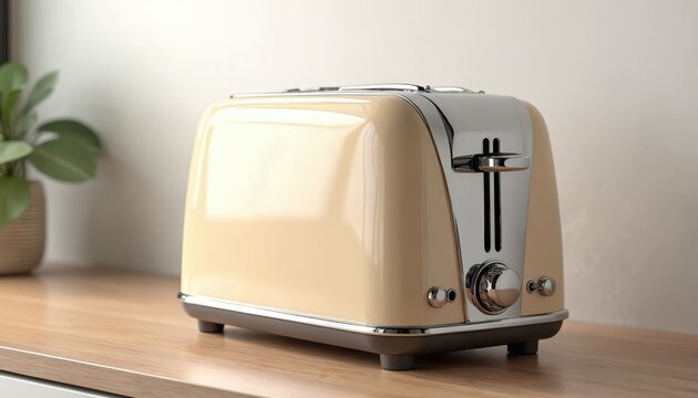 Beige retro toaster stands on wooden surface. Kitchen appliance, chrome design, classic style. Home breakfast food prep. Dark background. Modern design, vintage nostalgia. Kitchen, home interior, old - Powered by Adobe