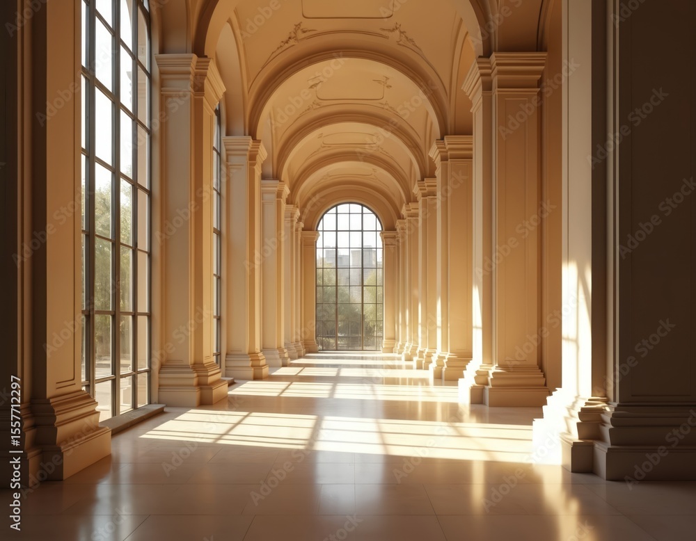 Poster sunny corridor with large windows, classic columns, arches. interior architecture design with symmet