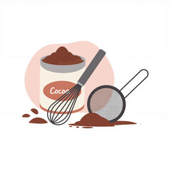 Cocoa powder, a whisk, and a sieve are artistically displayed in a flat vector design on a clean white background