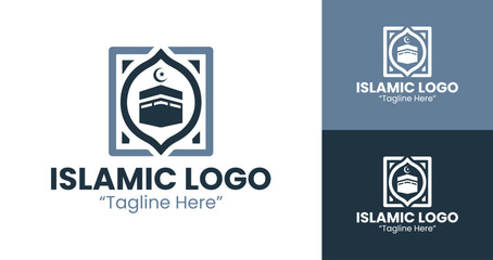 Fototapeta premium Islamic Logo with Kaaba and Crescent Design for Business Branding and Modern Identity in Light Blue and Dark Blue 