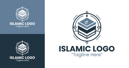 Creative Islamic Logo Design with Kaaba and Crescent for Corporate Identity and Branding Solutions in Light Blue and Dark Blue
