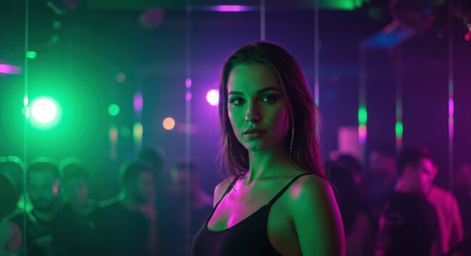 Woman at a party looking at the camera, with a crowd reflected in a mirror behind her. Nightlife and social event concept with green and purple neon lights, ideal for club promotions