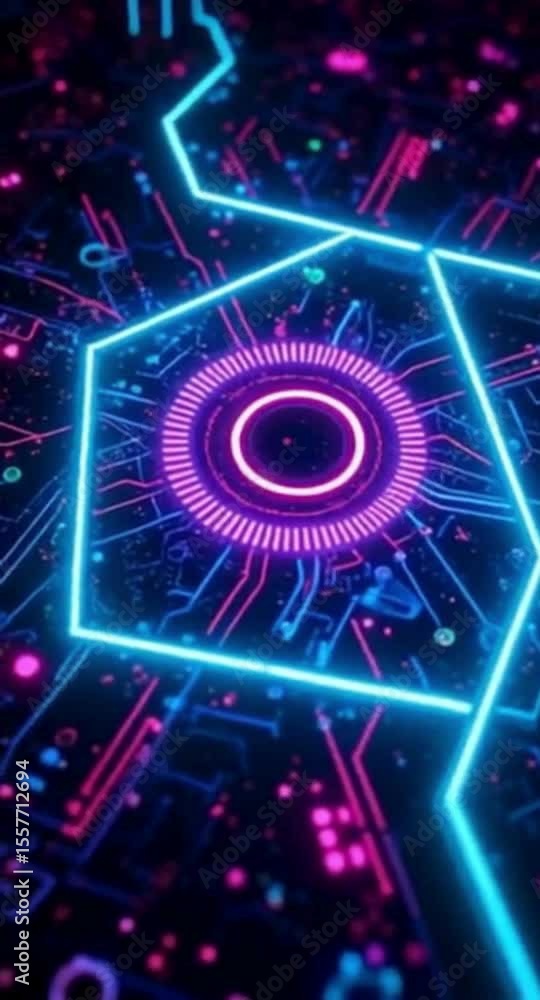 Poster futuristic circuit board with glowing neon lines and circular center design