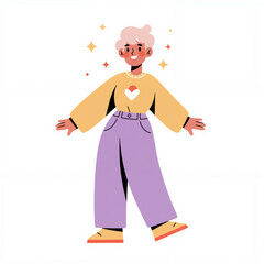 A non-binary person joyfully wears vibrant outfits, surrounded by sparkling stars in a minimalist style