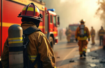 Firefighter in full gear stands near fire truck at emergency scene. Firemen in background. Smoke, fire, danger. Heroic job, public service during crisis.
