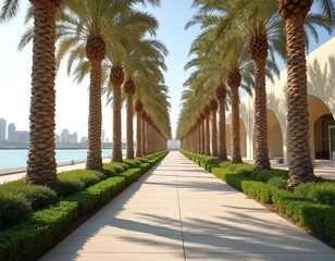 Fototapeta premium Scenic pathway lined with palm trees near Museum of Islamic Art in Doha Qatar. Rich green plants, blue sea and cityscape in background. Tropical destination, travel, tourism and vacation concept.