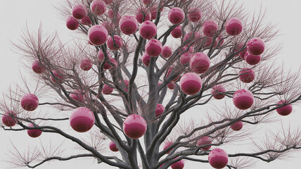 Abstract Tree with Hanging Magenta Globes Against a Pale Sky