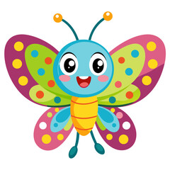 A baby butterfly with colorful dotted wings and a happy face, cartoon vector PNG, kids style

