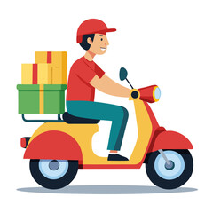 “Flat vector style delivery man riding scooter with parcel box, transparent PNG”