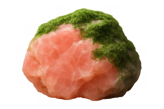 Pink rock partially covered by green moss isolated on transparent background, ideal for photo editing and compositing