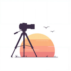 Tripod stands with camera silhouetted against a vibrant sunrise background, showcasing a peaceful morning scene