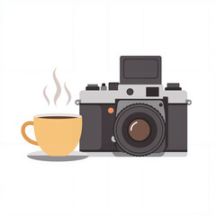 A vintage camera rests beside a steaming cup of coffee, showcasing a calm, cozy atmosphere in a flat design style