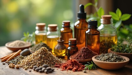 Illustration of natural remedies for stress, anxiety. Adaptogenic herbs, essential oils, aromatherapy. Wooden table, glass bottles with oils, herbs. Chamomile, lavender, plants. Mental health,