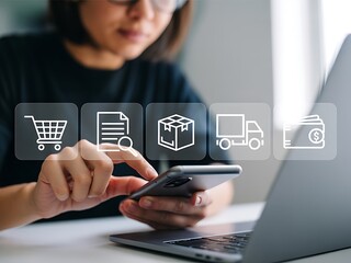Person using a smartphone to interact with a digital interface displaying icons for shopping cart document search package delivery and payment wallet