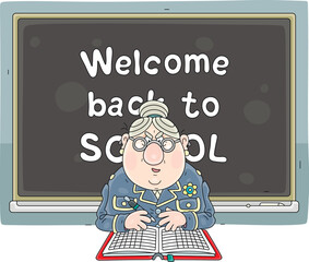 Welcome back to school card with a grumbling and strict school old teacher with an open class register near a classroom blackboard, vector cartoon illustration on a white background