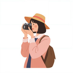 Woman enjoys capturing moments outdoors with a vintage camera while wearing a stylish hat and backpack