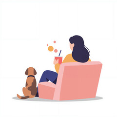 A woman sits in a chair with a drink, enjoying a movie while her dog rests beside her