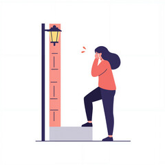 A woman with tears stands beside a lamppost, showing a moment of vulnerability and emotion in a minimalist style