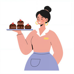 A woman cheerfully presents a tray of chocolate desserts, showcasing her baking skills in a minimalist design