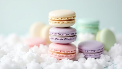 Fototapeta premium Pastel Macarons Stack on Light Background – Elegant French Dessert Concept