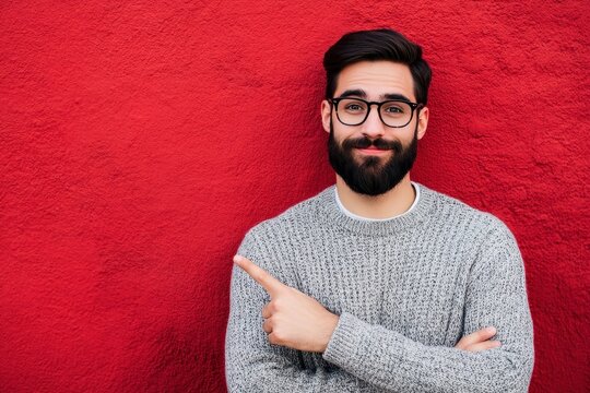 Dapper Young Man with Beard in Sweater Gestures to Watch, Showcasing Relaxed Impatience Against a Bold Red Backdrop