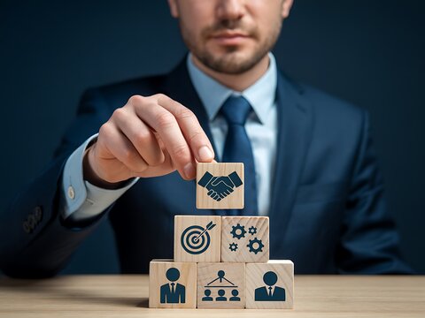 Businessman places a handshake icon cube on a pyramid of blocks representing business strategy goals teamwork and success
