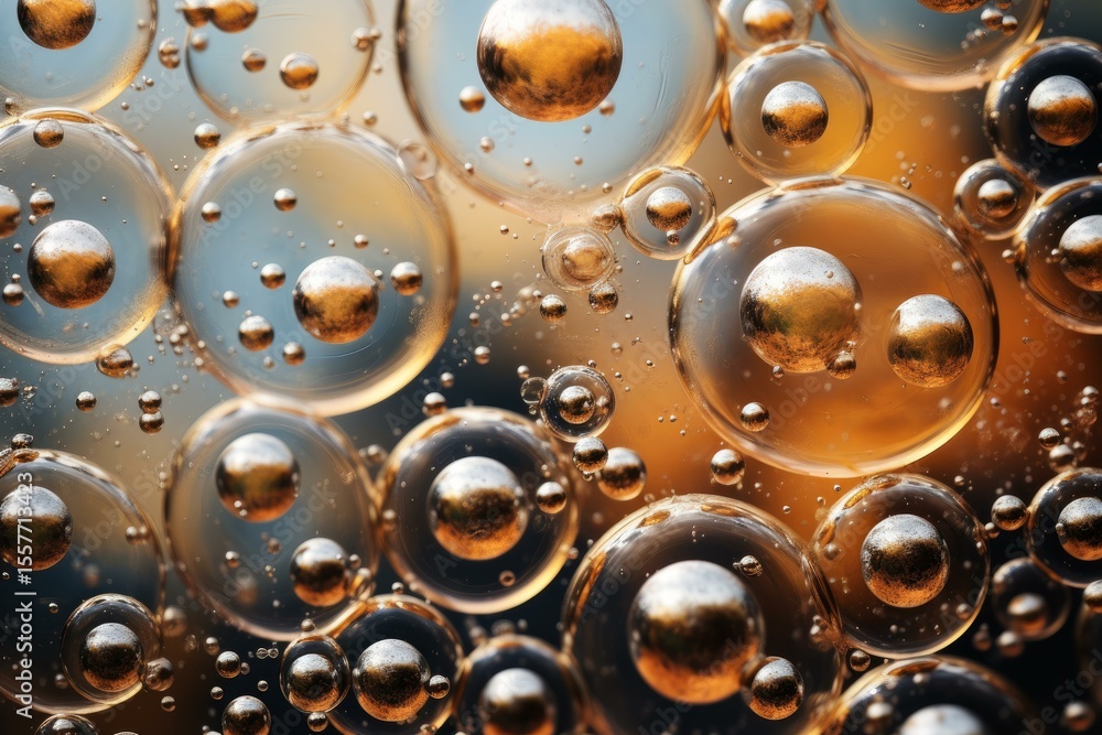 Poster close up of golden and silver spheres floating inside transparent bubbles, forming an abstract and m