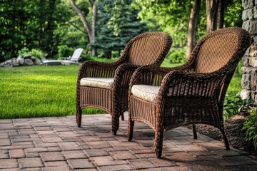 Cozy Wicker Patio Chairs Set on Outdoor Brick Pavers Surrounded by Lush Grass