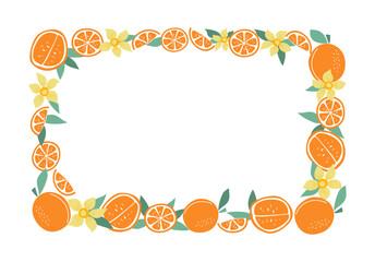 Oranges, frame borde, fruits and flowers. Slices of fruity, natural food. Orange wreath, empty summer background with space for text. Color flat illustration. Isolated white background.