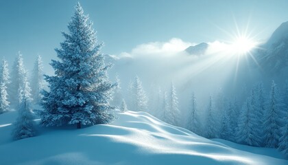 Snowy mountain landscape with frosted trees