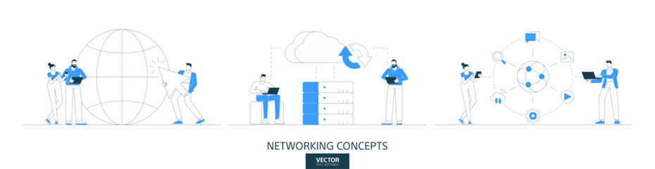 Cloud storage service, online work illustrations set in thin line style. Global digital server abstract linear vector design concepts. Network security flat icons. Business people characters team