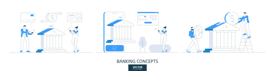 Online money transfer, bank customer support illustrations set in thin line style. Financial transaction service linear vector design concepts. Mobile payment flat icons. Business people team work.