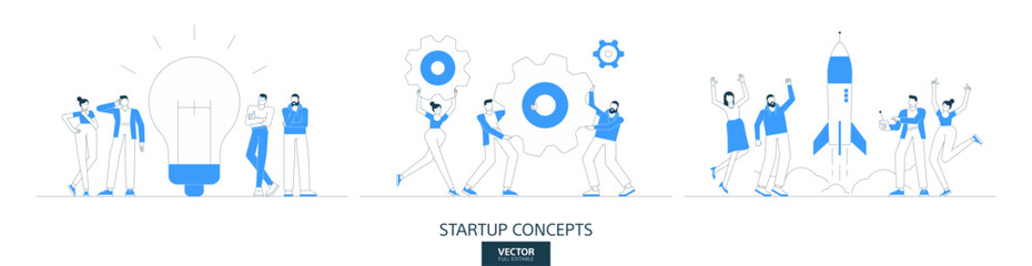 Startup solution illustrations set in thin line style. Creative idea abstract linear vector design concepts. Technology communication flat icon. Business people characters team work. Start up project