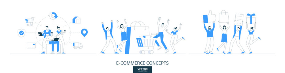 Retail discount illustrations set in thin line style. Happy customer abstract linear vector design concepts. Shopping cart flat icons. Business people characters team work. Payment service, retail app