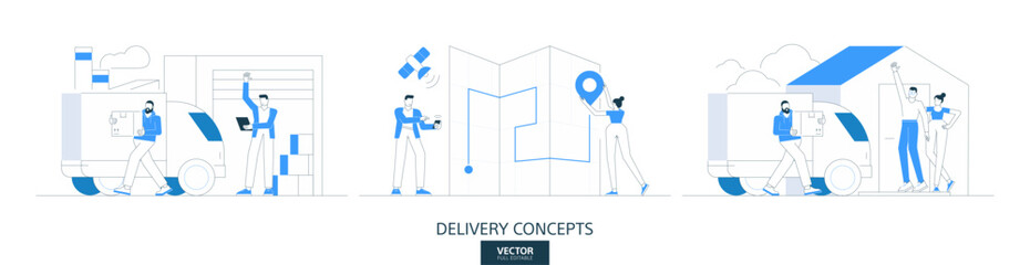 Courier shipment service, logistics illustrations set in thin line style. Fast delivery abstract linear vector design concepts. Parcel, map, transport flat icons. Business people characters team work.