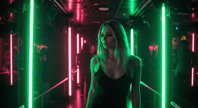 Stylish woman in a futuristic nightclub corridor with vertical green and pink neon lights. Modern fashion and nightlife concept for event or interior design promotions