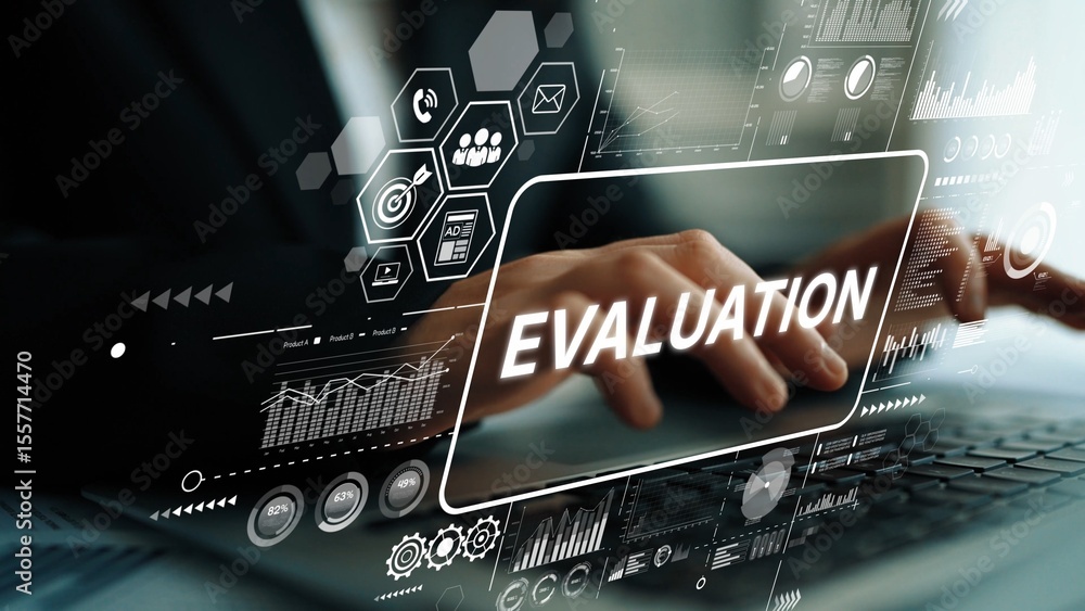 Poster business professional engaging in data evaluation with digital graphics and analytics on laptop scre
