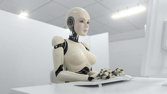 Futuristic Robot Typing Fast on Keyboard, Concept of AI Learning and Productivity, 3d Animation, 4K Ultra HD 3840x2160