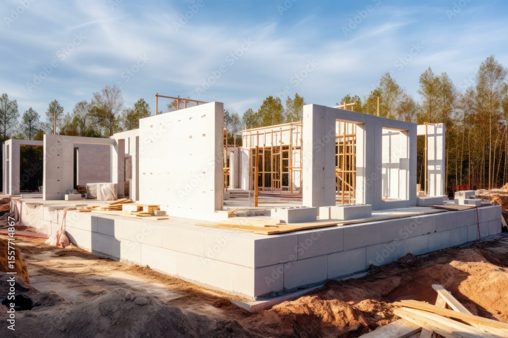Poster construction site of a modern house using concrete blocks and wooden frame, showing the initial stag
