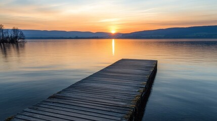 Obraz premium Tranquil lake sunrise with wooden dock