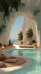 Luxurious cave pool lounge with cozy seating, lush plants, candles, and sea view, blending nature and relaxation.