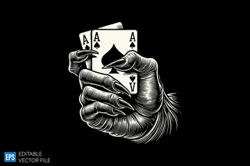 a hand holding gamble dice and card dark art illustration black and white design in black background