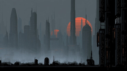 Futuristic city skyline with tall skyscrapers, misty atmosphere, and twin orange suns setting in a moody sci fi scene.