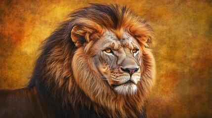 Fototapeta premium Close up of a lion with intense amber eyes its mane thick and wild captured in the soft morning light with detailed textures of its fur and a gentle golden background