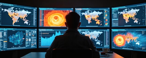 Seismologist studies seismic activity on multiple screens. Data analysis, vibrant visuals focus on critical information. Modern tech for environmental monitoring, geology research.
