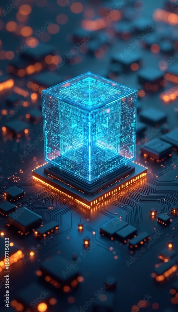Poster digital data storage concept with glowing neon blue cube over circuit board. binary code and data tr